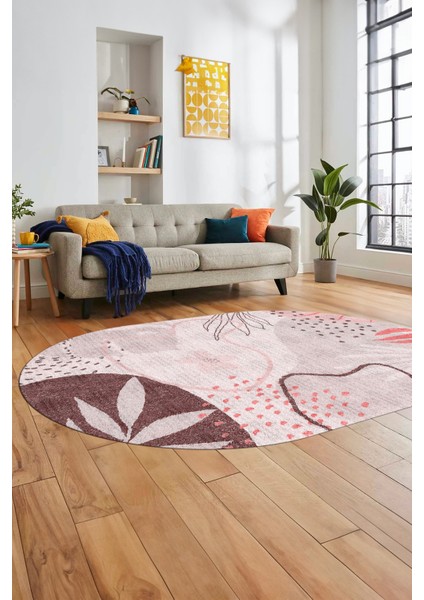 Yaprak Desen Modern Tasarım Dijital Kaymaz Yıkanabilir Oval Yolluk Salon Halısı O-Modern-79-Pembe