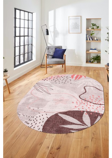 Yaprak Desen Modern Tasarım Dijital Kaymaz Yıkanabilir Oval Yolluk Salon Halısı O-Modern-79-Pembe fırsatları