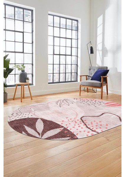 Yaprak Desen Modern Tasarım Dijital Kaymaz Yıkanabilir Oval Yolluk Salon Halısı O-Modern-79-Pembe indirimleri