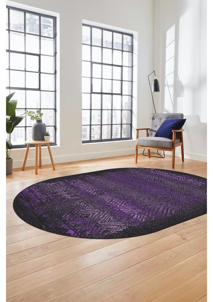 Sade Modern Desen Dijital Kaymaz Yıkanabilir Oval Yolluk Mutfak Salon Halısı O-Modern-28-Mor
