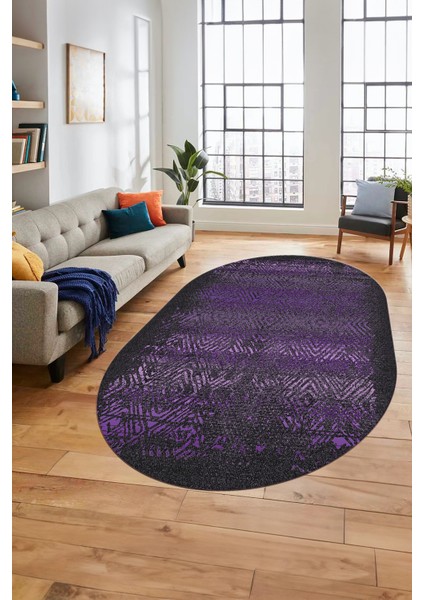 Sade Modern Desen Dijital Kaymaz Yıkanabilir Oval Yolluk Mutfak Salon Halısı O-Modern-28-Mor fırsatları