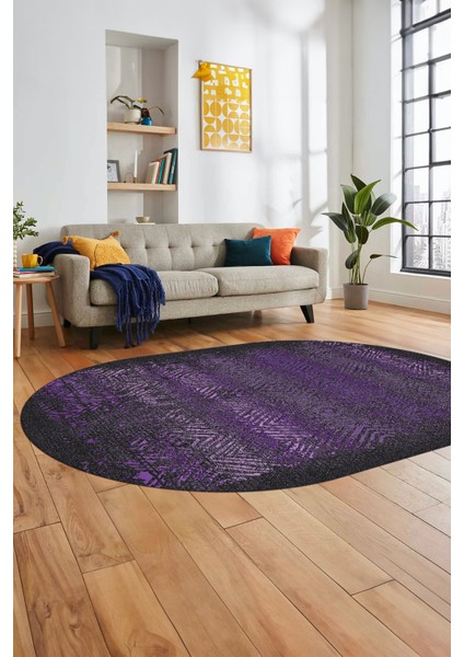 Sade Modern Desen Dijital Kaymaz Yıkanabilir Oval Yolluk Mutfak Salon Halısı O-Modern-28-Mor indirimleri