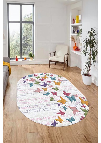 Baskılı Kaymaz Yıkanabilir Kelebek Desen Oval Yolluk Mutfak Salon Halısı O-Modern-42-Renkli indirimleri