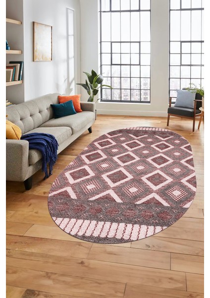 3D Dijital Kaymaz Yıkanabilir Şık Kilim Desen Oval Yolluk Halısı Salon Halısı O-Modern-69-Bordo