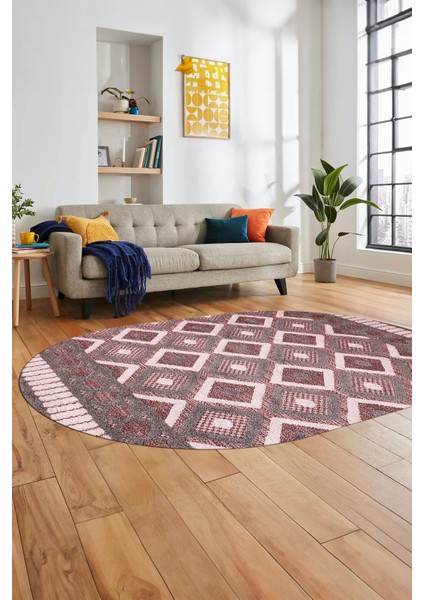 3D Dijital Kaymaz Yıkanabilir Şık Kilim Desen Oval Yolluk Halısı Salon Halısı O-Modern-69-Bordo