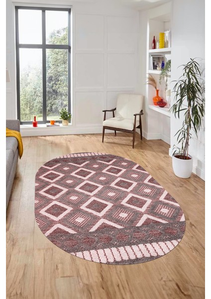 3D Dijital Kaymaz Yıkanabilir Şık Kilim Desen Oval Yolluk Halısı Salon Halısı O-Modern-69-Bordo