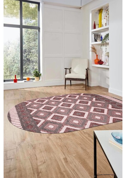 3D Dijital Kaymaz Yıkanabilir Şık Kilim Desen Oval Yolluk Halısı Salon Halısı O-Modern-69-Bordo