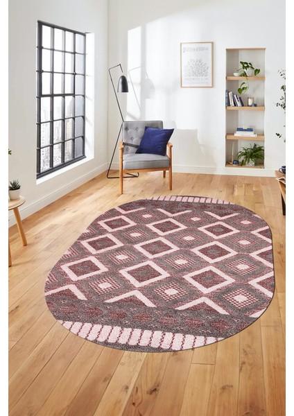 3D Dijital Kaymaz Yıkanabilir Şık Kilim Desen Oval Yolluk Halısı Salon Halısı O-Modern-69-Bordo