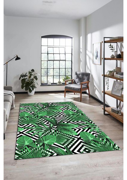 Yaprak Desen Baskılı Kaymaz Taban Yıkanabilir Modern Yolluk Salon Halısı MODERN-100-YEŞİL