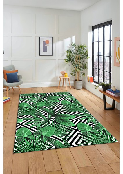Yaprak Desen Baskılı Kaymaz Taban Yıkanabilir Modern Yolluk Salon Halısı MODERN-100-YEŞİL modelleri