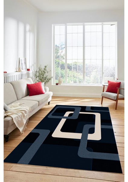 Şık Baskılı Kaymaz Yıkanabilir Modern Yolluk Koridor Mutfak Salon Halısı Modern-40-Lacivert