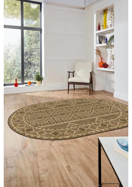 Kilim Desen Baskılı Kaymaz Taban Yıkanabilir Modern Oval Yolluk Salon Halısı O-MODERN-108-KAHVE
