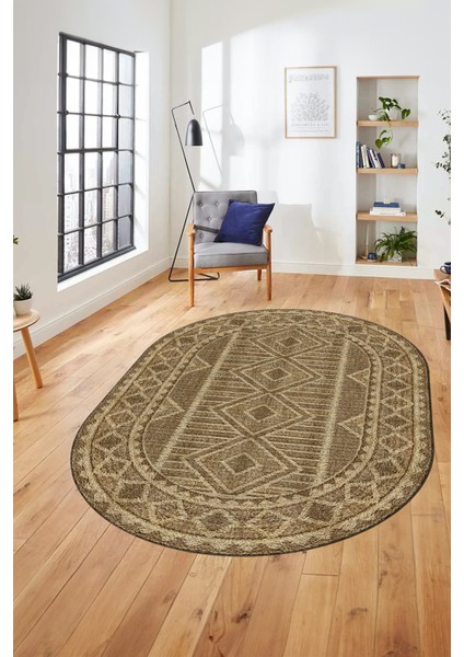 Kilim Desen Baskılı Kaymaz Taban Yıkanabilir Modern Oval Yolluk Salon Halısı O-MODERN-108-KAHVE fiyatları