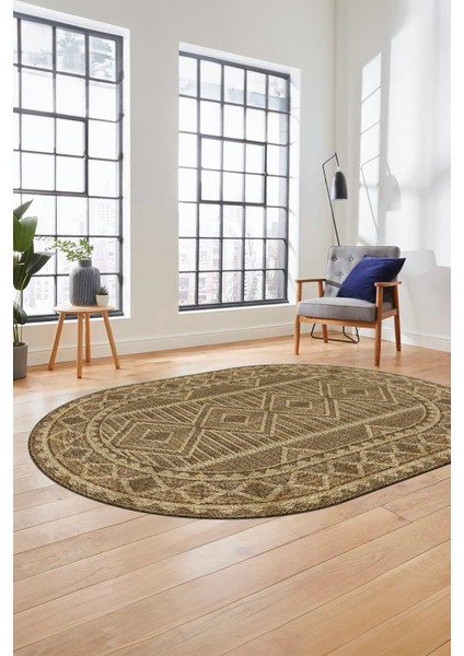 Kilim Desen Baskılı Kaymaz Taban Yıkanabilir Modern Oval Yolluk Salon Halısı O-MODERN-108-KAHVE modelleri