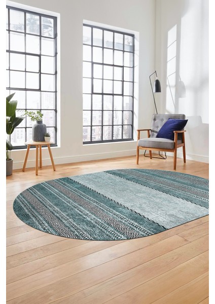 Kilim Desen Özel Tasarım Dijital Kaymaz Yıkanabilir Oval Yolluk Salon Halısı O-Modern-83-Turkuaz