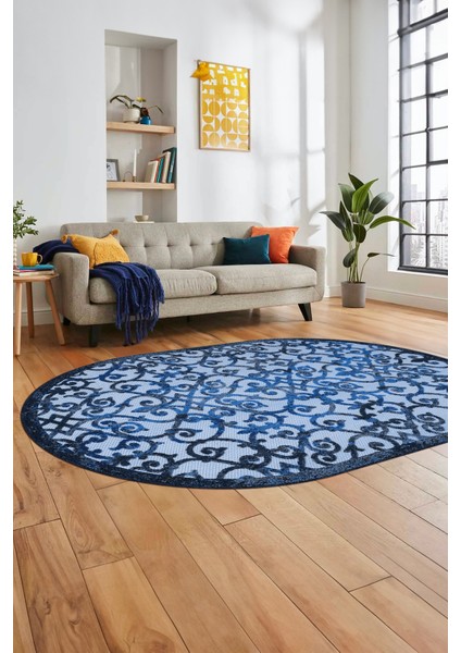 Modern Klasik Desen Dijital Kaymaz Yıkanabilir Oval Yolluk Mutfak Salon Halısı O-Modern-32-Mavi fırsatları