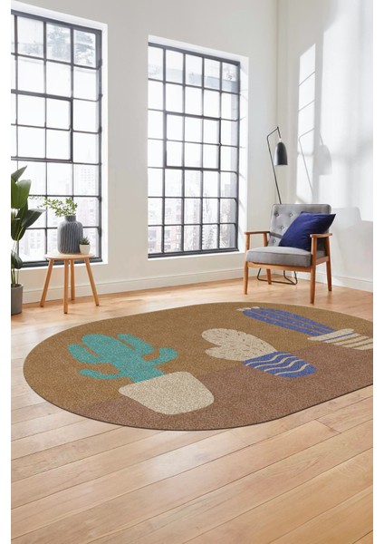 Kaktüs Desen Baskılı Kaymaz Taban Yıkanabilir Modern Oval Yolluk Salon Halısı O-MODERN-106-KAHVE modelleri