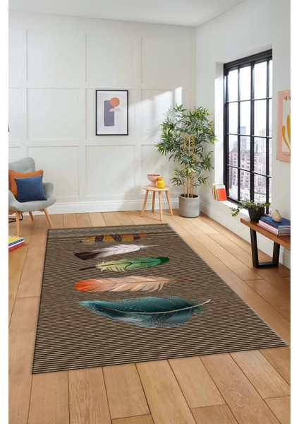 Yaprak Desen Baskılı Kaymaz Taban Yıkanabilir Modern Yolluk Salon Halısı MODERN-114-KAHVE
