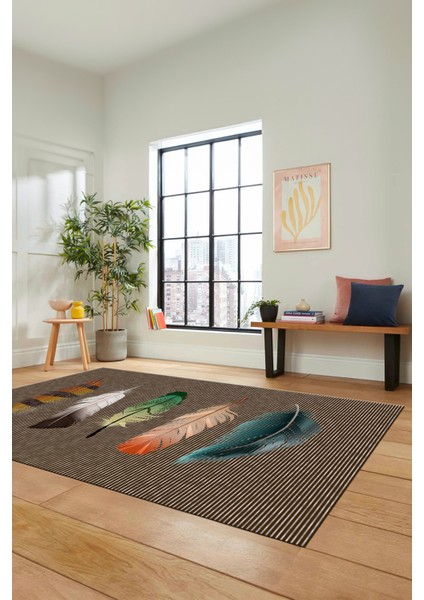 Yaprak Desen Baskılı Kaymaz Taban Yıkanabilir Modern Yolluk Salon Halısı MODERN-114-KAHVE
