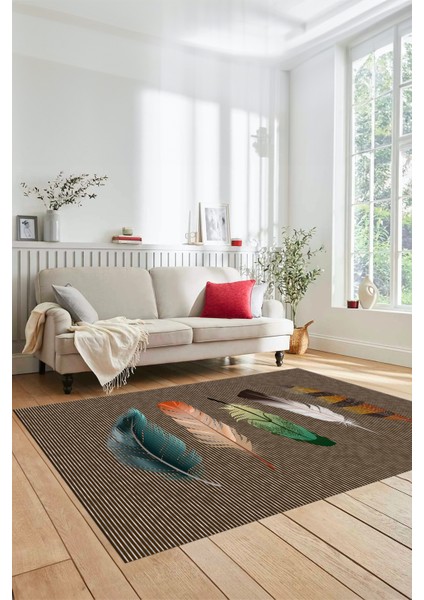 Yaprak Desen Baskılı Kaymaz Taban Yıkanabilir Modern Yolluk Salon Halısı MODERN-114-KAHVE