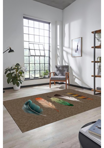Yaprak Desen Baskılı Kaymaz Taban Yıkanabilir Modern Yolluk Salon Halısı MODERN-114-KAHVE