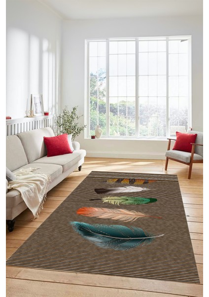 Yaprak Desen Baskılı Kaymaz Taban Yıkanabilir Modern Yolluk Salon Halısı MODERN-114-KAHVE fırsatları