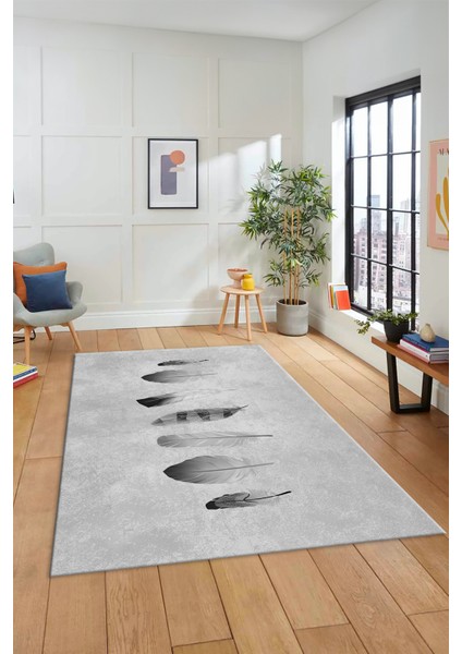 Yaprak Desenli Baskılı Kaymaz Taban Yıkanabilir Yolluk Mutfak Salon Halısı MODERN-115-GRİ