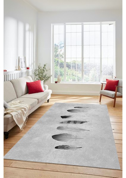 Yaprak Desenli Baskılı Kaymaz Taban Yıkanabilir Yolluk Mutfak Salon Halısı MODERN-115-GRİ