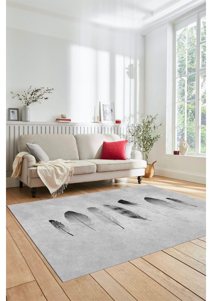 Yaprak Desenli Baskılı Kaymaz Taban Yıkanabilir Yolluk Mutfak Salon Halısı MODERN-115-GRİ