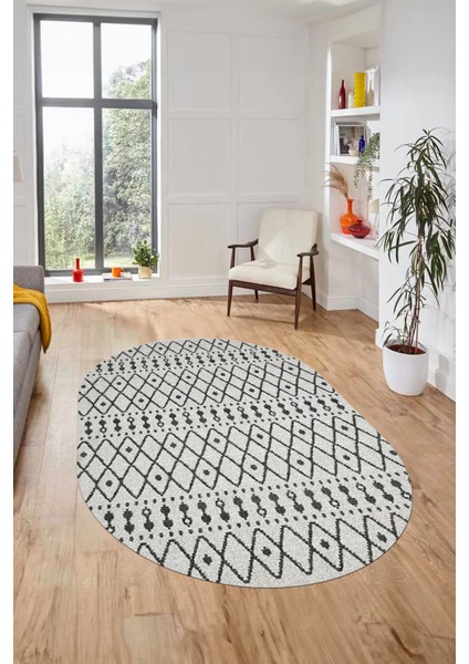 3D Kilim Desen Özel Tasarım Dijital Kaymaz Yıkanabilir Oval Yolluk Salon Halısı O-Modern-84-Gri