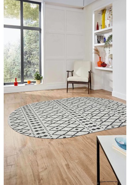 3D Kilim Desen Özel Tasarım Dijital Kaymaz Yıkanabilir Oval Yolluk Salon Halısı O-Modern-84-Gri