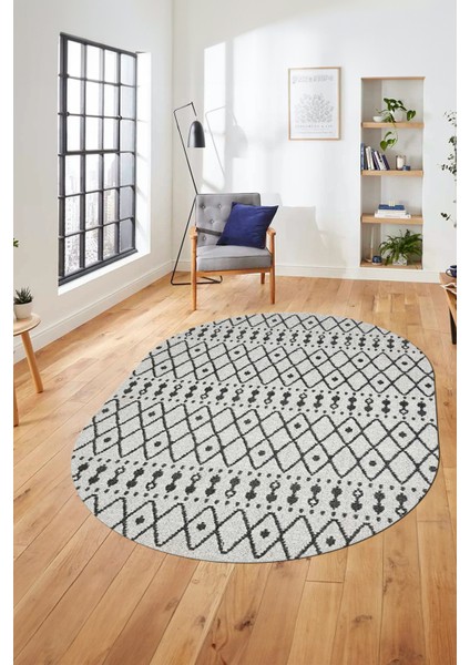 3D Kilim Desen Özel Tasarım Dijital Kaymaz Yıkanabilir Oval Yolluk Salon Halısı O-Modern-84-Gri