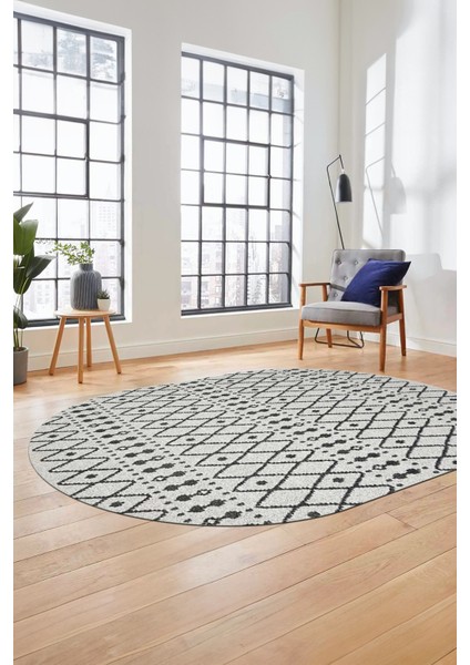 3D Kilim Desen Özel Tasarım Dijital Kaymaz Yıkanabilir Oval Yolluk Salon Halısı O-Modern-84-Gri