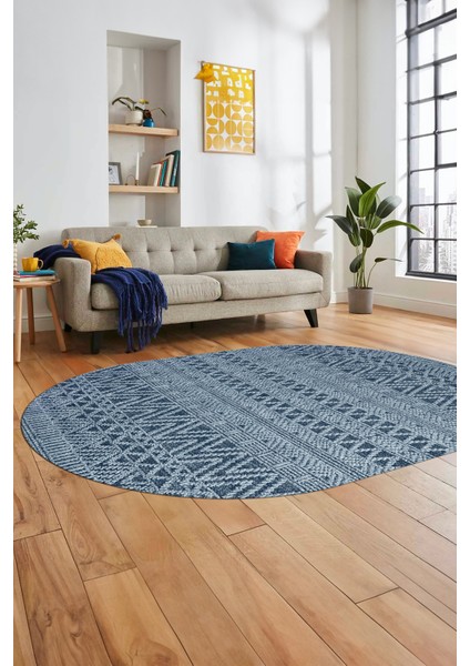 Kilim Desen Özel Tasarım Dijital Kaymaz Yıkanabilir Oval Yolluk Salon Halısı O-Modern-86-Mavi