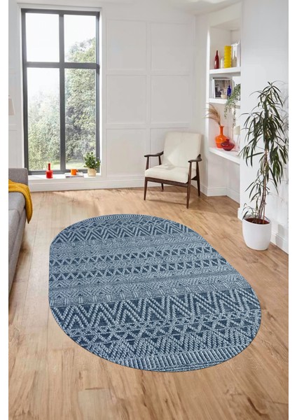Kilim Desen Özel Tasarım Dijital Kaymaz Yıkanabilir Oval Yolluk Salon Halısı O-Modern-86-Mavi fiyatları