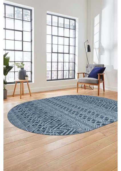 Kilim Desen Özel Tasarım Dijital Kaymaz Yıkanabilir Oval Yolluk Salon Halısı O-Modern-86-Mavi indirimleri