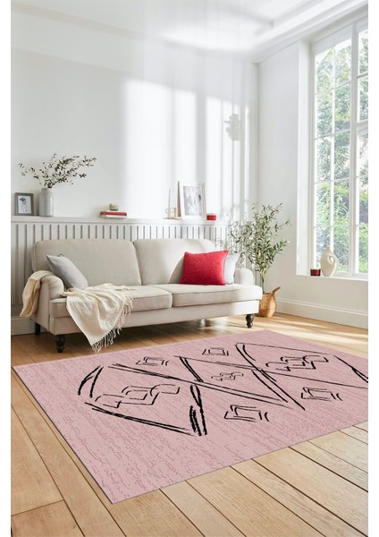 Baskılı Kaymaz Yıkanabilir Şık Modern Yolluk Mutfak Halısı Salon Halısı Modern-59-Pembe