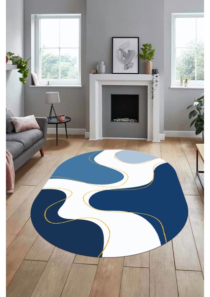 Baskılı Kaymaz Taban Yıkanabilir Modern Oval Yolluk Mutfak Salon Halısı O-MODERN-120-MAVİ fırsatları