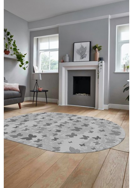 Baskılı Kaymaz Yıkanabilir Modern Kelebek Desen Oval Yolluk Salon Halısı O-Modern-51-Gri