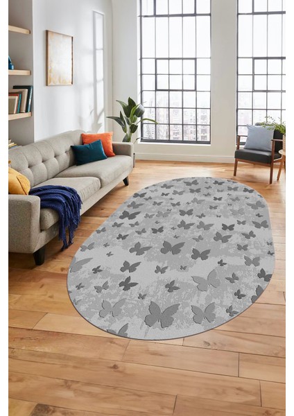 Baskılı Kaymaz Yıkanabilir Modern Kelebek Desen Oval Yolluk Salon Halısı O-Modern-51-Gri