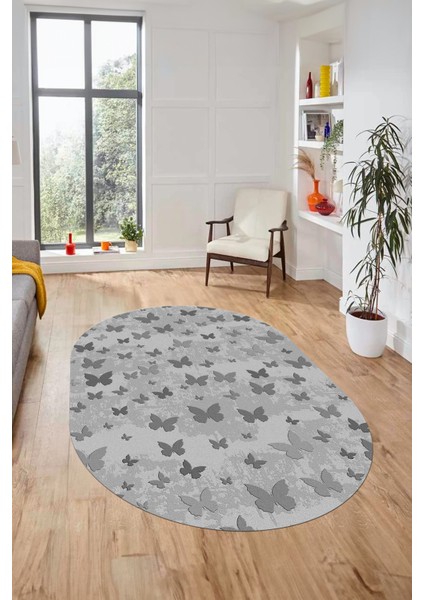 Baskılı Kaymaz Yıkanabilir Modern Kelebek Desen Oval Yolluk Salon Halısı O-Modern-51-Gri