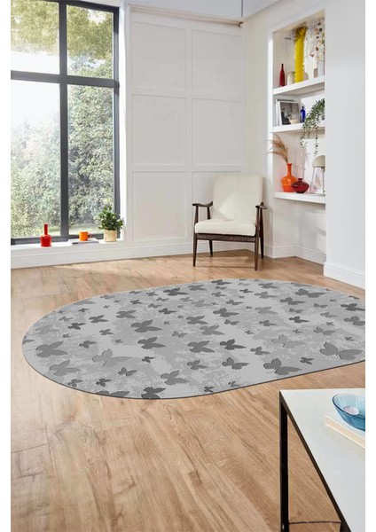 Baskılı Kaymaz Yıkanabilir Modern Kelebek Desen Oval Yolluk Salon Halısı O-Modern-51-Gri