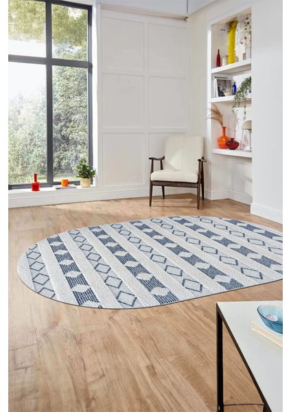 Baskılı Kaymaz Yıkanabilir Kilim Desen Oval Yolluk Mutfak Halısı Salon Halısı O-Modern-64-Mavi