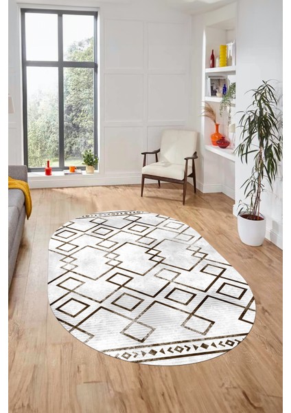 Modern Sade Desen Dijital Kaymaz Yıkanabilir Oval Yolluk Mutfak Salon Halısı O-Modern-91-Kahve