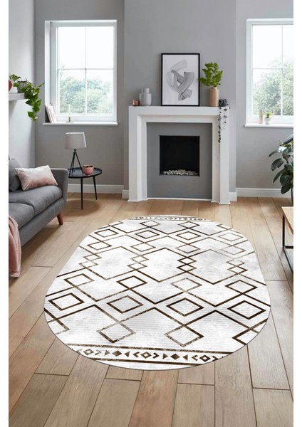 Modern Sade Desen Dijital Kaymaz Yıkanabilir Oval Yolluk Mutfak Salon Halısı O-Modern-91-Kahve indirimleri