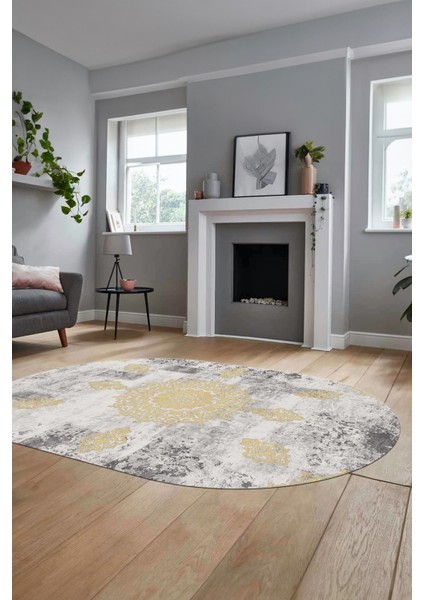 Baskılı Kaymaz Yıkanabilir Oval Koridor Halısı Mutfak Halısı Salon Halısı O-Modern-45-Krem fiyatları