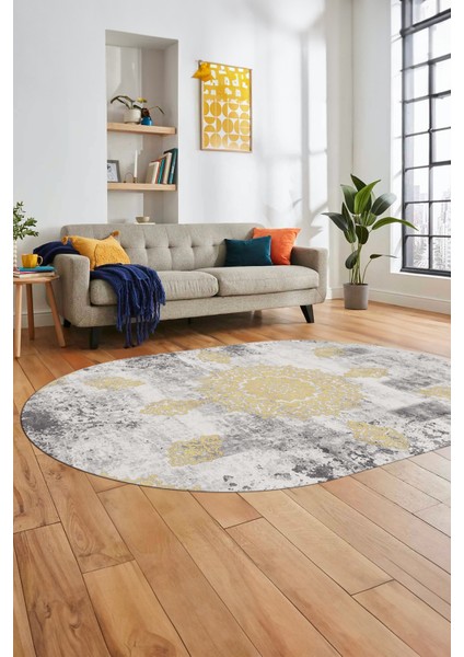 Baskılı Kaymaz Yıkanabilir Oval Koridor Halısı Mutfak Halısı Salon Halısı O-Modern-45-Krem fırsatları