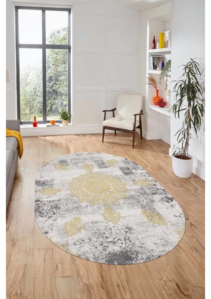 Baskılı Kaymaz Yıkanabilir Oval Koridor Halısı Mutfak Halısı Salon Halısı O-Modern-45-Krem indirimleri