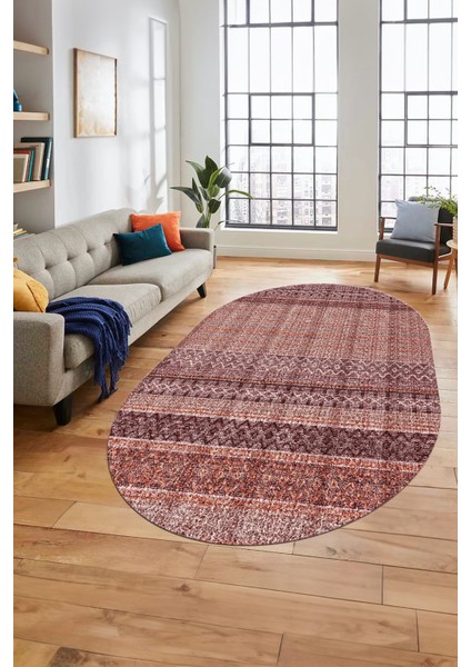 Baskılı Kaymaz Yıkanabilir Şık Kilim Desen Oval Yolluk Halısı Salon Halısı O-Modern-70-Bordo