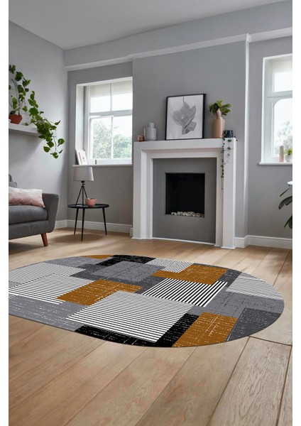 Baskılı Kaymaz Yıkanabilir Oval Koridor Halısı Mutfak Halısı Salon Halısı O-Modern-47-Kahve